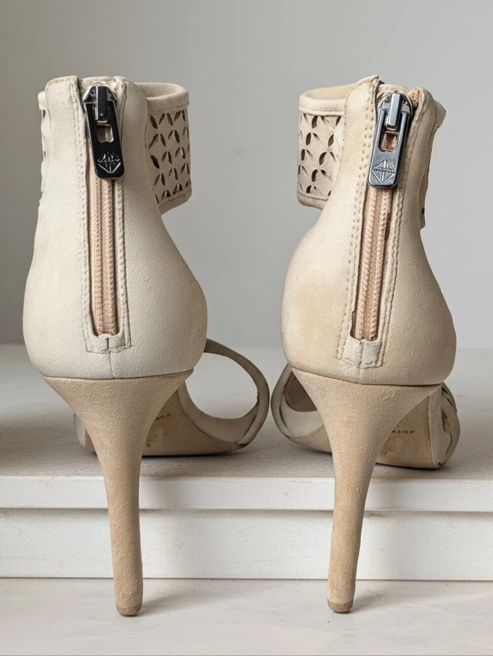ANTONIO MELANI Nude Suede Laser Cut Ankle Strap Heeled Sandals Size 8.5M
